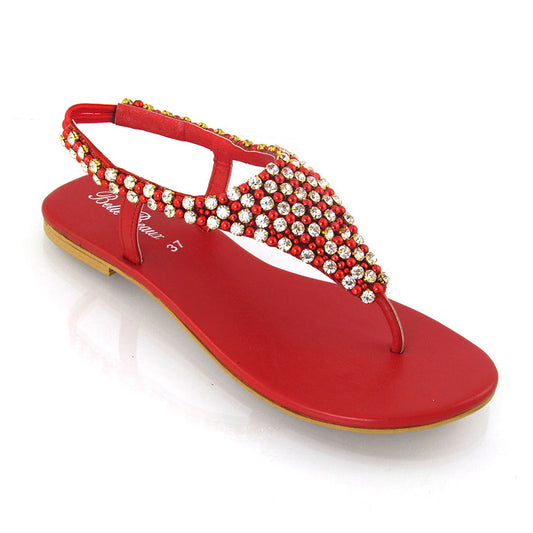 red | XY London | red sandals, red flat sandals, red diamante sandals, red diamante flat sandals