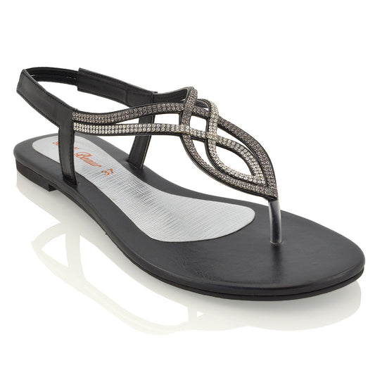 BLACK | XY London | flat diamante sandals , flat sandals for women,sandals with straps ,summer sandals for women