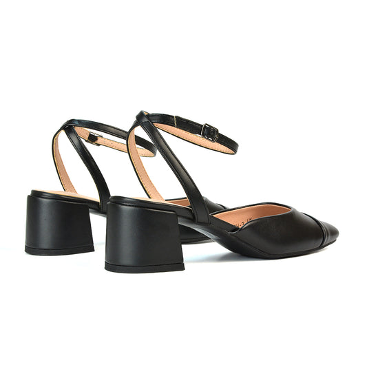 Elegant black ankle strap court shoes with mid block heels – stylish, comfortable, and perfect for work or party wear.
