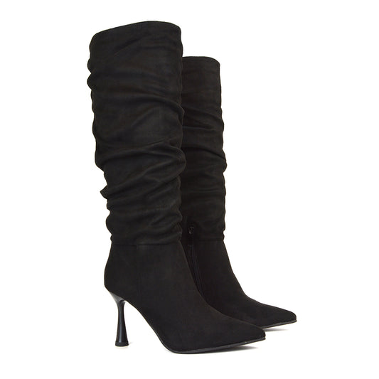 Black Knee High Boots, Black Ruched Boots, Knee High Boots, Ruched Boots