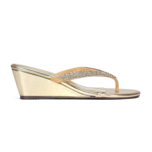 gold low heel sparkly flip flop wedge sandals for women, women’s gold glitter wedge flip flop sandals, gold shimmer low wedge sandals for ladies, elegant gold sparkle flip flop sandals with low heel