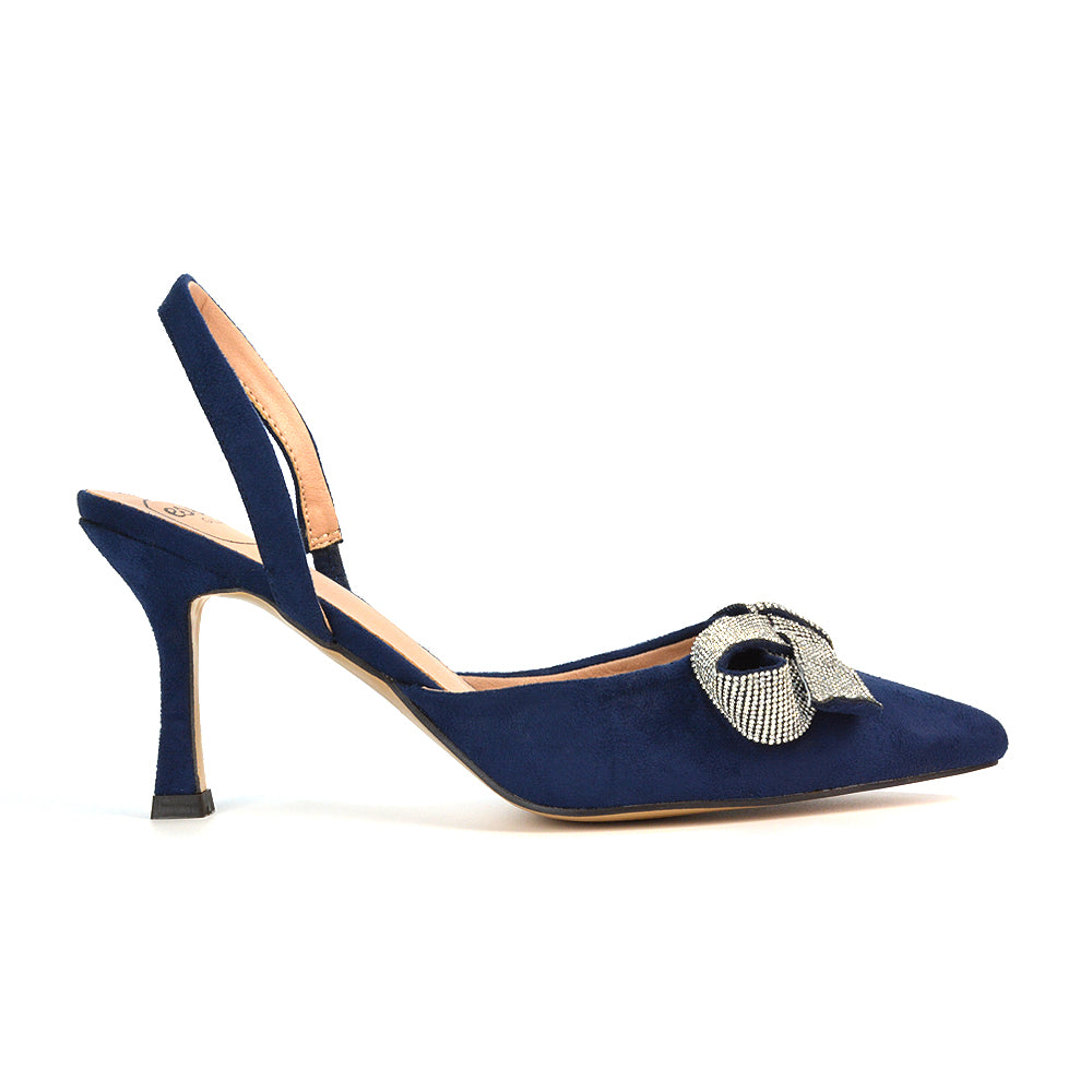 Victoria Diamante Bow Stiletto Slingback High Heel Shoes in Navy Faux Suede Navy UK EU 36 US