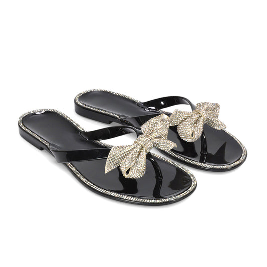 Diamante flip flops, diamante sandals, Summer casual footwear, Ladies jelly flip flops with sparkly bow, black flip flops, black sandals, black flat sandals