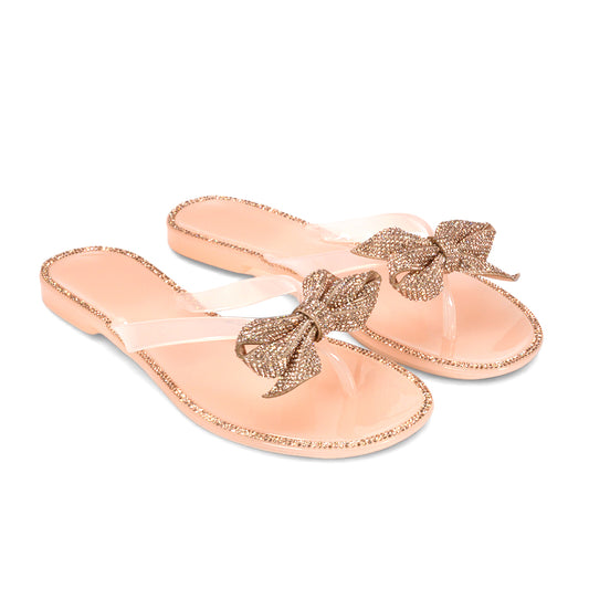 Diamante flip flops, Ladies jelly sandals, Sparkly bow sandals, Flat toe post sandals, nude summer sandals, nude holiday sandals