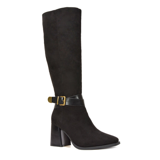 black suede boots, block heel knee-high boots, gold buckle detail boots, casual to dressy boots, stylish boots for fall outfits