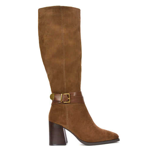 women’s brown knee-high boots, faux suede boots, fall and winter fashion, women’s tall boots sale