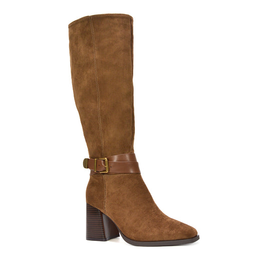 brown suede boots, block heel knee-high boots, gold buckle detail boots, casual to dressy boots, stylish boots for fall outfits
