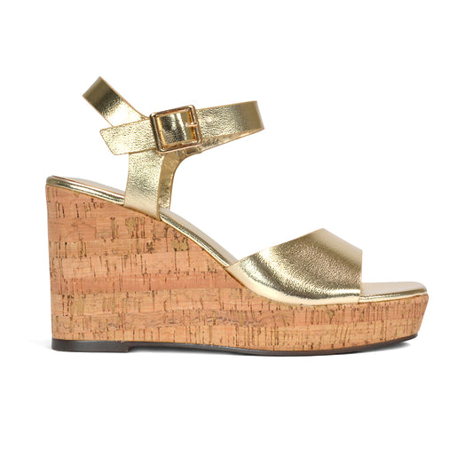 Gold strappy platform cork wedge heel sandals, Women's gold strappy platform cork wedge heel sandals, Buy gold strappy platform cork wedge sandals online
