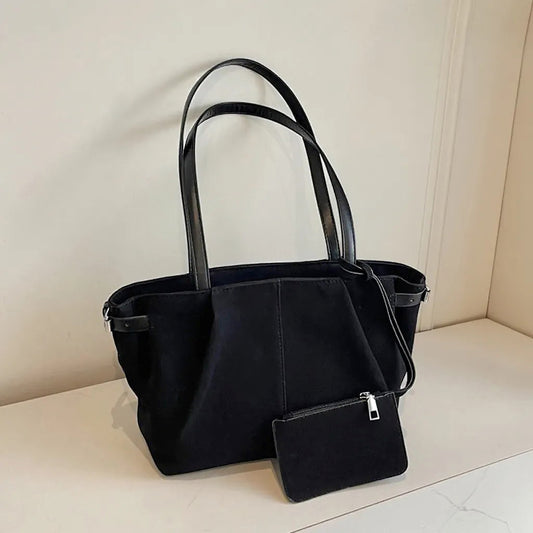 Black faux suede tote bag, Women's black handbag, Vegan suede handbag,