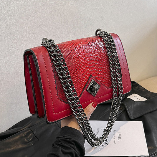red chain strap handbag, red shoulder bag with snakeskin texture, Faux snakeskin leather bag