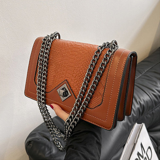 tan chain strap handbag, tan shoulder bag with snakeskin texture, Faux snakeskin leather bag