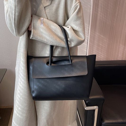 flap over handle shoulder tote bag, large faux leather tote bag, women's faux leather flap over tote bag, women's bags, black handbag, women's black bag