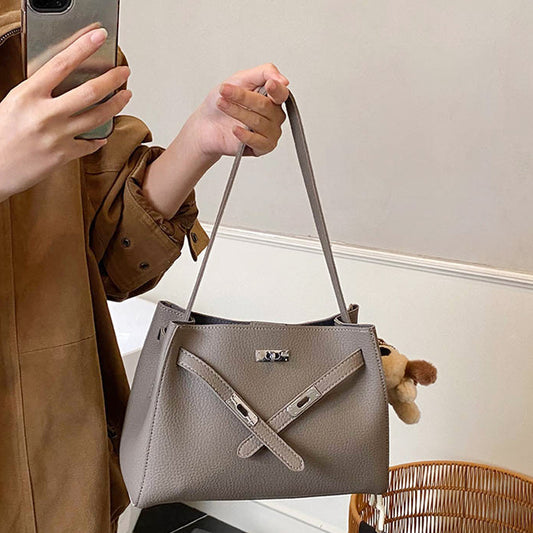 women's belted shoulder tote bag, women's fashion tote bag, women's belted shoulder tote bag in faux leather with charm, khaki tote bag, womens khaki tote bag