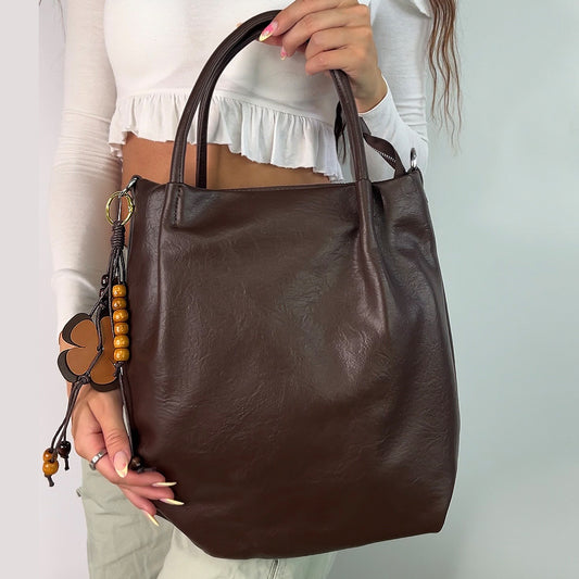 brown shoulder tote bag, brown shoulder tote bag with floral charm