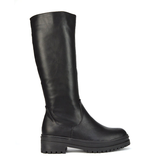 | XY London | Black Synthetic Leather Boots,Black Biker Boots,Ladies Below The Knee Boots ,Womens Black Casual Boots