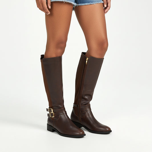 brown flat heel knee high boots