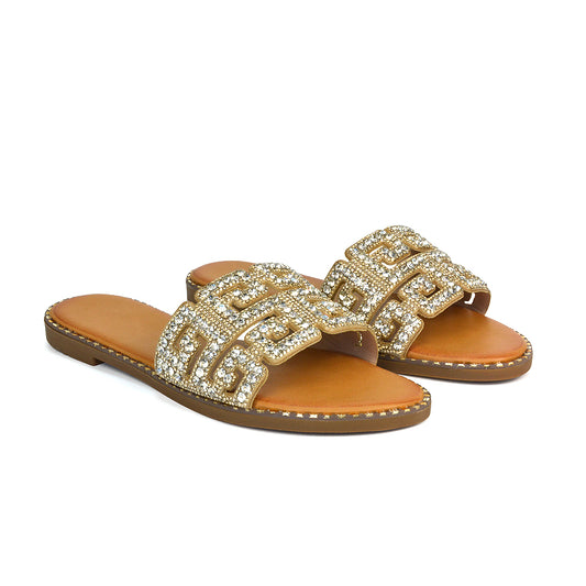 Gold Sandals, Gold Slides, Gold Flat Sandals, Gold Sliders, summer sandals, summer shoes, holiday shoes, diamante flat shoes, flat sparkly sandals, crystal sandals, sandals with diamantes