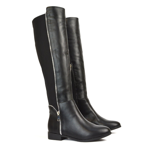 Black PU Boots, Black Synthetic Leather Boots, Black Knee High Boots, Black Long Boots