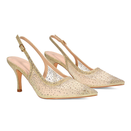 Gold heels for women, gold heels, heels for women, heels, high heels, Pointed toe stiletto heels, Gold rhinestone slingback heels for women