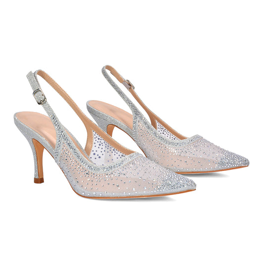 silver heels for women, silver heels, heels for women, heels, high heels, Pointed toe stiletto heels, Gold rhinestone slingback heels for women
