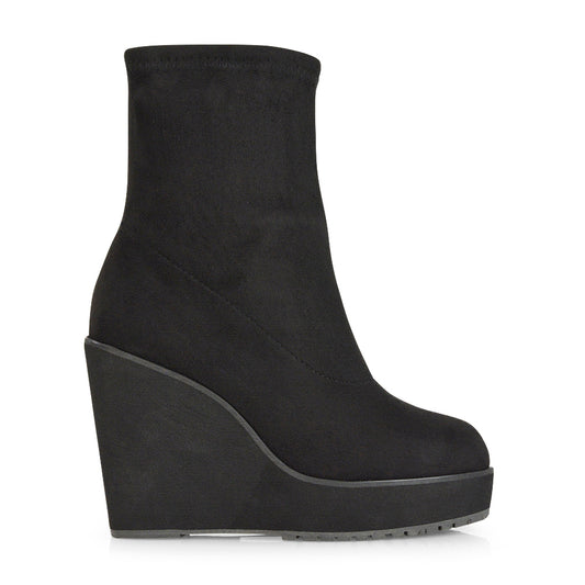 women’s wedge ankle boots, women’s black wedge ankle boots, modern wedge boots, everyday ankle boots, comfortable platform boots, suede wedge boots