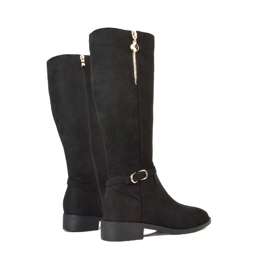 Black Faux Suede Winter Boots, Women's Black Faux Suede Boots, Black Faux Suede Flat Knee High Boots, Black Faux Suede Festival Boots