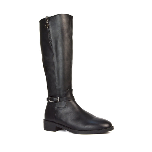Black Synthetic Leather Winter Boots, Women's Black Synthetic Leather Boots, Black Synthetic Leather Flat Knee High Boots, Black Synthetic Leather Festival Boots