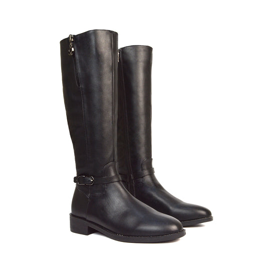 Black Synthetic Leather Boots, Black Synthetic Leather Knee High Boots, Black Synthetic Leather Long Boots, Black Synthetic Leather Flat Boots