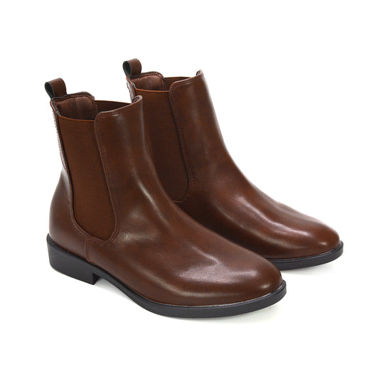 brown ankle boots, brown flat boots, Low heel Chelsea boots, Round toe ankle boots women