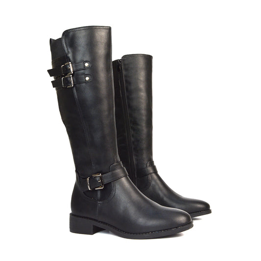Black Synthetic Leather Boots, Black Synthetic Leather Knee High Boots, Black Synthetic Leather Long Boots, Black Synthetic Leather Flat Boots