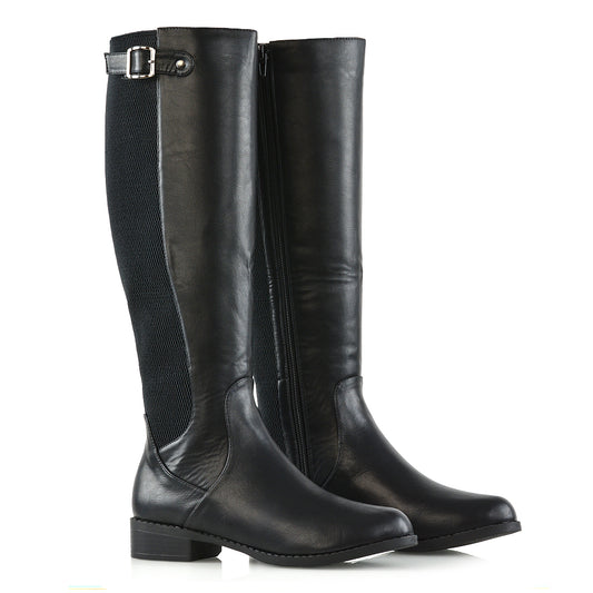 Molly Knee High Stretch Calf Flat Low Heel Zip Up Long Boots in Black Synthetic Leather