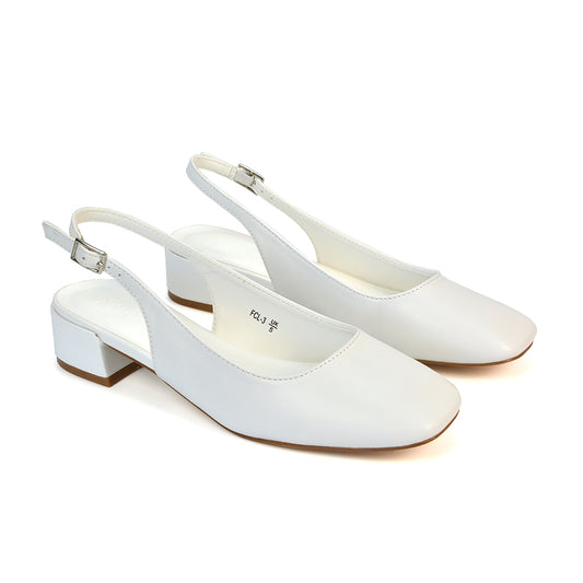 white block heels, white heels, block heels, heels, Women’s slingback low block heel shoes, Slingback shoes with square toe and block heel