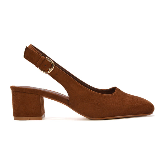 Classic brown block heel slingbacks, brown suede mid heel shoes, brown heels, brown mid heels, heels, mid heels, Women’s block heel shoes, Women’s mid block heel slingback shoes, Office wear women’s shoes,