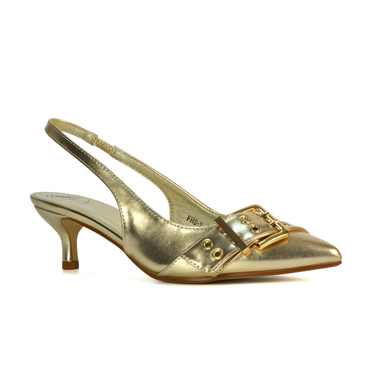 Gold Pointed Toe Heels, Gold Low Heeled Pointed Toe Court Shoes, Pointed Toe Heels, Low Heeled Pointed Toe Court Shoes