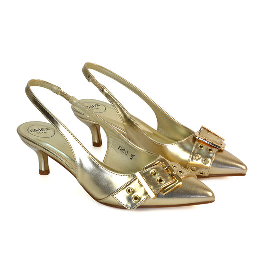 Gold Court Shoes With Buckle, Gold Buckle Heels, Court Shoes With Buckle, Gold Buckle Heels
