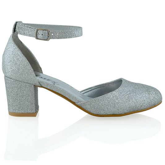 | XY London | Silver Glitter Wedding Shoes,Silver Glitter Wedding Shoes for Women,Silver Glitter Block Heel Shoes,Silver Glitter Court Shoes,Ivory Strappy Heels