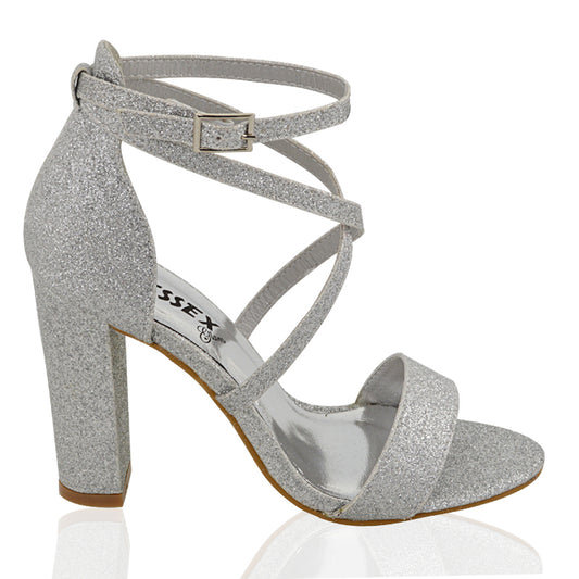 | XY London | Silver GlitterStrappy Heels,Silver GlitterHeels, Silver GlitterHigh Heels, Silver GlitterBlock Heels,Silver GlitterBlock High Heels
