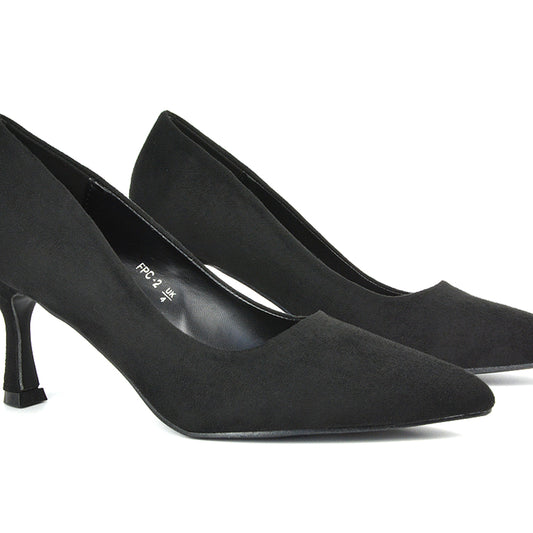 black slip on court shoes, black mid stiletto heel pump shoes, slip on court shoes, mid stiletto heel pump shoes