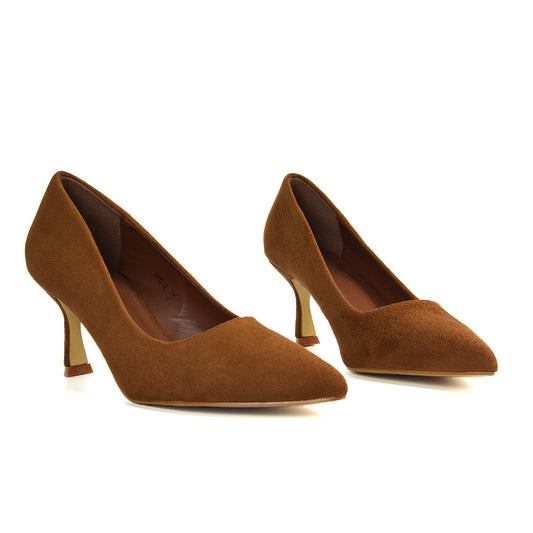 brown mid stiletto heel pointed toe slip on court shoes- elevate your new season look in mid heels, perfect for special occasions, weddings, work, office, parties, bridesmaids & holidays