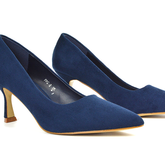 navy slip on court shoes, navy mid stiletto heel pump shoes, slip on court shoes, mid stiletto heel pump shoes