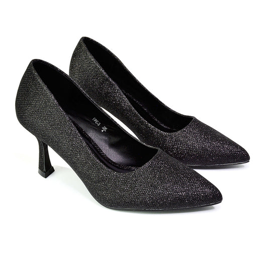 black glitter heels, black mid heel court shoes, glitter heels, mid heel court shoes,