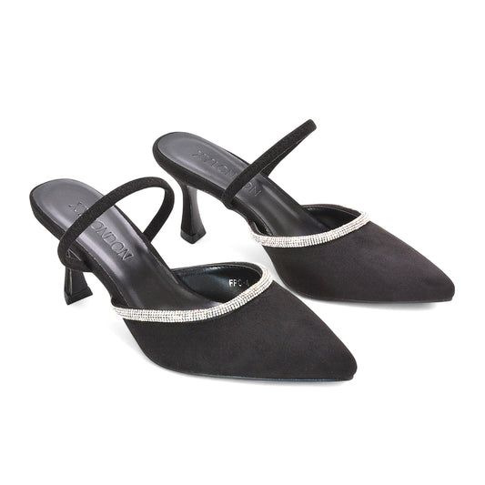 black court shoes, ladies black diamante heels, Women’s Diamante Slingback Court Shoes, Ladies Mid Heel Pointed Toe Shoes