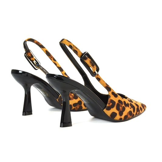 Leopard Heels Closed Toe, Leopard Court Shoes With Slingback, Leopard Court Shoes With Stiletto Heels, Leopard Court Heels With Strap