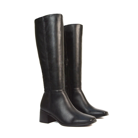 Black Boots, Black Knee High Boots, Black Square Toe Boots, Black Block Heeled Boots