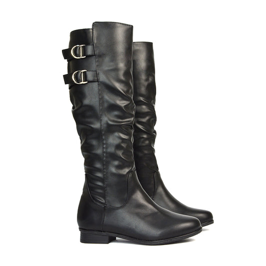Black Flat Boots, Black Synthetic Leather Boots, Black PU Boots, Black Flat Knee High Boots