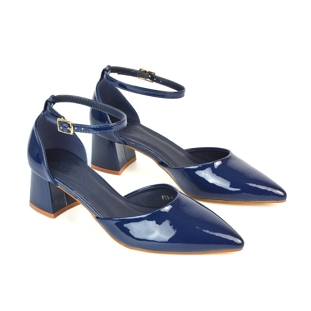 Evie Low Block Heel Pointed Toe Ankle Strap Court Shoes in Navy Patent Navy UK EU 36 US