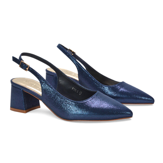 mid block heel slingbacks, pointed toe slingbacks, wedding guest heels, navy shimmer pumps, navy heels, navy mid heels