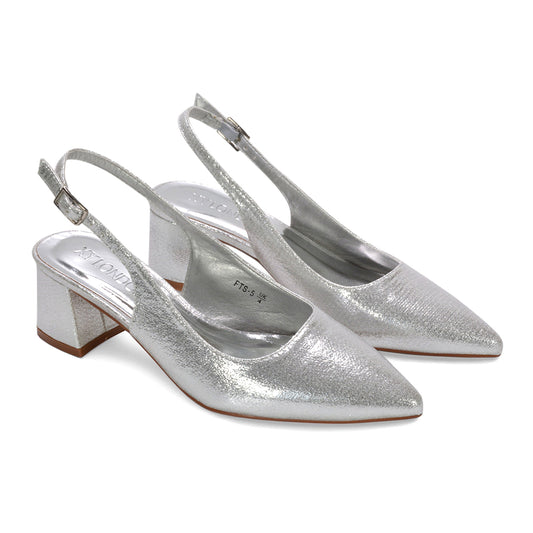shimmer slingback heels, adjustable strap slingbacks, party slingback shoes, walkable mid heel shoes, silver slingback heels, silver mid block heel sandals, silver strappy heels