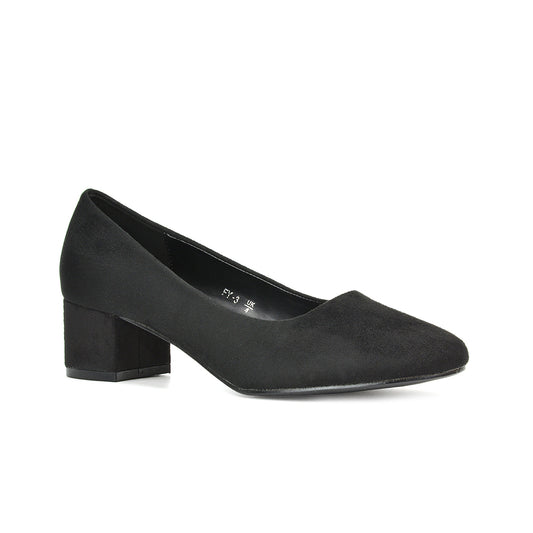 black low block heel slip on round toe court shoes- a classic in your shoedrobe, perfect for race day, bank holiday outfits, office attire, weddings