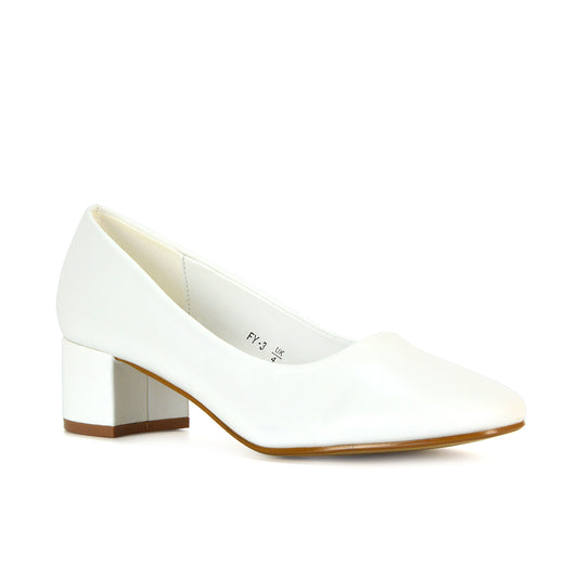 white low block heel slip on round toe court shoes- a classic in your shoedrobe, perfect for race day, bank holiday outfits, office attire, weddings
